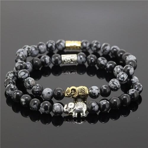 2PCS Newest Fashion Natural Stone Elephant Bracelet 6MM Snowflake Stone Beads Black Color Women And Girl Elastic Chain Bracelet