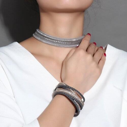 2019 New Arrival Bracelet Jewelry PU Leather Magnetic Buckle Stainless Steel Buckle bracelet Wristband Shiny Rhinestones Bangle