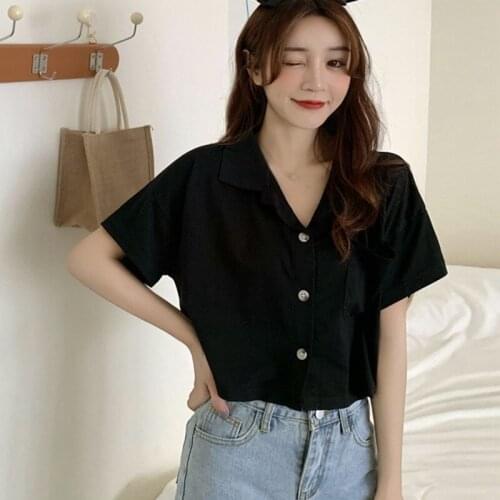 2020 Women\s Solid Notched Exposed Navel Loose Casual Short Sleeve Blouse Tops