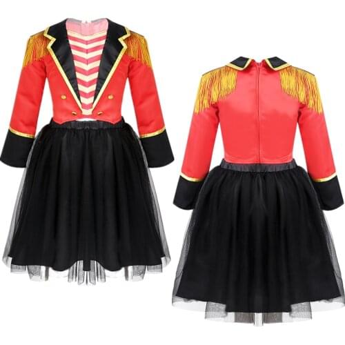 Kids Girls Child Circus Ringmaster Costume Dress Tassel Epaulette Jacket with Mesh Tutu Skirt Set for Halloween Carnival Party