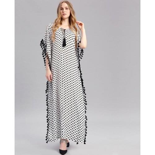 Middle Eastern Robe Kaftan Bohemian Style Muslim Long Skirt Islamic Dress Solid Color Polka Dot V-neck Pullover Womens Dress