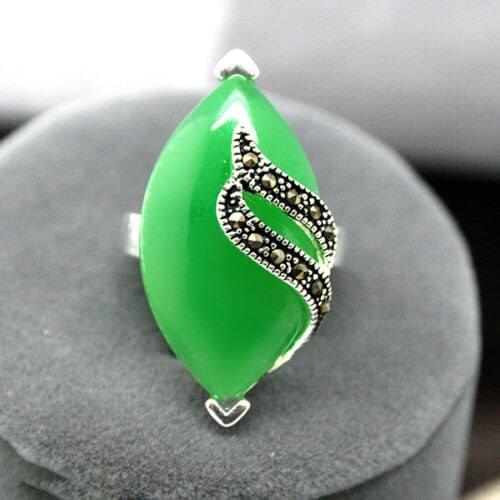 Grade latest wholesale good wholesale 13mmX29mm Green jade Gem Marcasite 925 STERLING SILVER RING Size 7/8/9/10 5.29