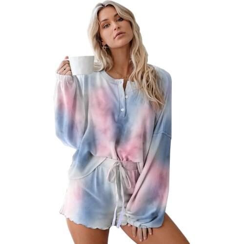 2 Pcs Women Casual Ruffle Short Pajamas Set Tie Dye Print Long Sleeve & Shorts Homewear Loungewear Stylish Cute Sleepwear Sets