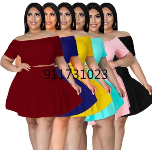 Summer Women Sexy Solid Color Off The Shoulder Short Sleeve Pleated Plus Size Two Piece Mini Skirts Suit Wholesale