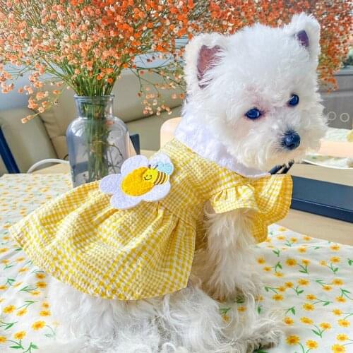 Summer Pet Cute Dog Clothes Sunflower Plaid Dress Puppy Cat Corgi Yorkshire Poodle Pomeranian Bichon Costume Small Dogs Skirt XS
