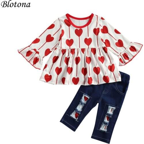 Blotona Toddler Baby Girl Valentines Day 3Pcs Set, Girls Long Sleeve Love Pattern Printed Tops +Long Pants + Headband 2-7Years