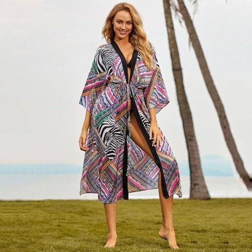 Bohemian Printed Bikini Cover-ups Long Kimono Cardigan Plus Size Chiffon Tunic Women Beach Wear Swim Suit Cover Up