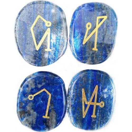 Natural Lapis Lazuli Stone Chakra Crystal Archangel Symbols Set Palm Stones Crystals Reiki Healing 4pcs Velvet Pouchs Wholesale