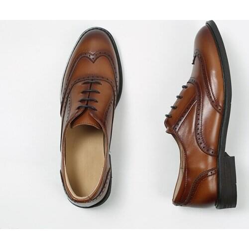 Oxfords Women Calfskin Genuine Leather Wingtip Lace-Up Closure Ladies Brogue Flat Derby womens Shoes Retro Brock