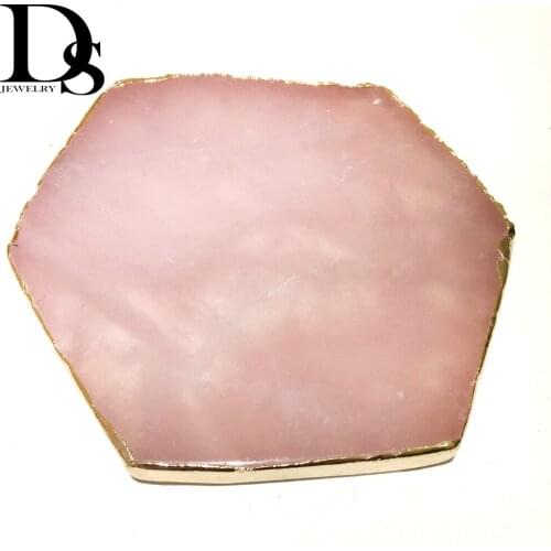 Wholesale 1pcs Natural Rose Quartz Coaster Hexagon Crystal Platter Electroplated Gold Color Jewelry for Cup Mat Display