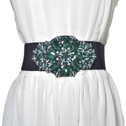 Ladies Wide Elastic Bands Vintage Luxury Design Big Rhinestone Women Retro Crystal Stretch Waist Belts For Dress (68*6cm)