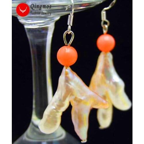 Qingmos 20*30mm BAROQUE Chicken Toe Natural Freshwater Pink Pearl Earring for Women with Pink Coral Dangle Earring Jewelry e509