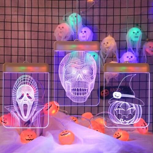 LED Halloween Pumpkin Hanging Light 3D Skull Head Spider Ghost Face Window Decoration Suction Cup Battery Box Light String