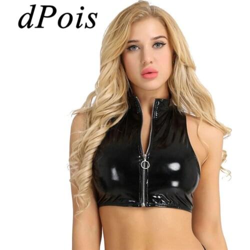 Womens Fashion Punk Wetlook Patent Leather Crop Tank Top Ladies Sleeveless Stand Collar Zipper Vest Crop Tanks Tops Clubwear