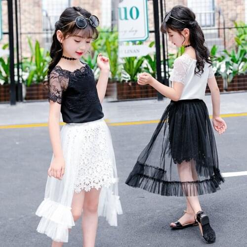 2020 Spring Summer Set Clothing for Girls Short Sleeve Lace Top Irregular Lace Long Skirt Sweet Kids Princess Clothes 4-13 Years
