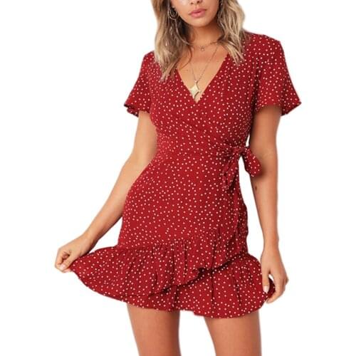 Wrap Dress With Flounce Bodycon Bandage Sukienka Women Elastic Waist Ruffle Hem Dress White Polka Dots Deep V Neck Mini Dress