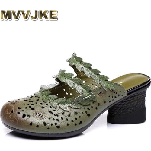 MVVJKE Cowhide Flower Shoes Women Genuine Leather Fashion Sandals Thick Slippers With High Heels Sandals 2019 New Summer Shoes