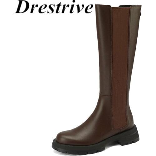 Drestrive Women Knee High Boots Cow Split Leather Round Toe Black Platform Thick Low Heels 2021 Classics Winter Shoes Zip