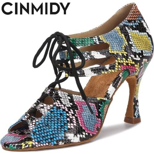 CINMIDY Woman Latin Dance Shoes Rumba Samba Ballroom Party Dance Shoes Women Sandals Sexy Snake Texture Tango Shoes 5CM-10CM