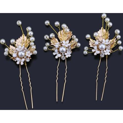FORSEVEN 3pcs Women Leaf Shaped Hair Pins Ladies Vintage Style Gold Color Hair Clips Bridal Wedding Temperamental Hair Jewelry