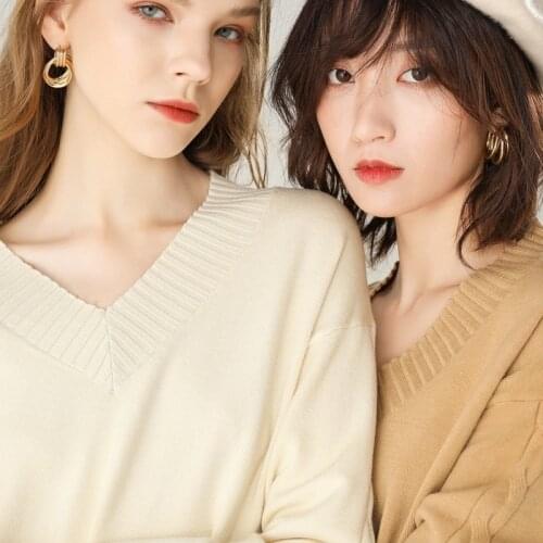 Womens European Long-Sleeved V-neck Sweater Pullover Womens Solid Color Loose Sweater Hot Sale Autumn Winter Comfortable Value