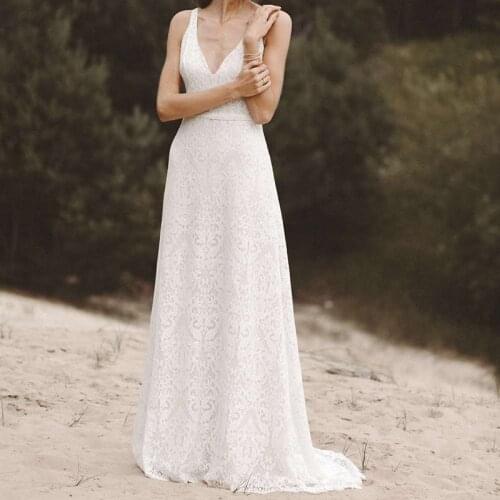 A Line V Neck Lace Beach Wedding Dress Bohemian Simple Seaside Open Back Custom Made 2021 New Long Boho Destination Bridal Gowns