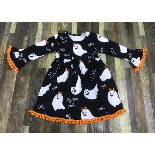 Children fall/Winter Halloween ghost spider cartoon pattern fur ball long sleeve dress