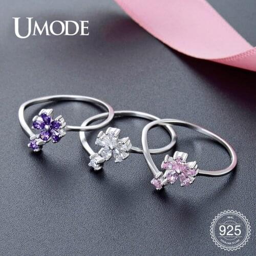 UMODE New 925 Sterling Silver Flower CZ Open Bypass Rings for Women Silver Clear Purple Pink Zircon Crystal Jewelry Gift ULR0825