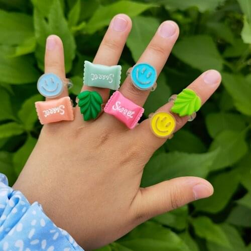Lost Lady Cute Simile Face Green Leaf Sugar Transparent Rings for Women Fashion Girls Candy Color Resin Ring Wholesale Jewelry