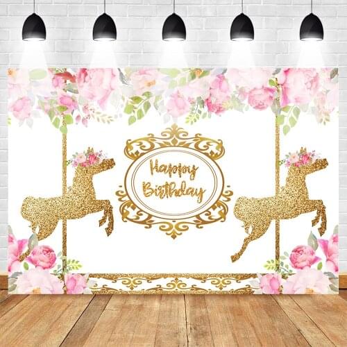 Mehofoto Sweet Carousel Birthday Backdrop Pink Floral Gold Photography Background Gold Carousel Party Backdrops for Children Kid