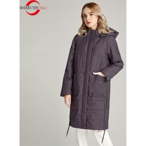 MODERN NEW SAGA Autumn Women Coat Spring Cotton Padded Jacket Hooded Parka Women Long Coat Windproof Zipper Plus Size Outerwear
