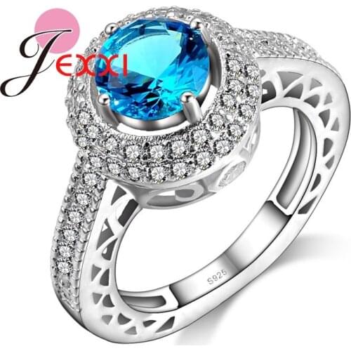 Trendy Round Blue Crystal Shiny Zircon Rhinestone Pave Women Wedding Engagement Rings 925 Sterling Silver Finger Jewelry