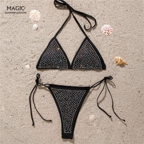 Solid color diamond-studded lace-up thong Swimwear Women Swimsuit Sexy Push Up Micro Bikinis Set Swimming Bathing Suit Beachwear