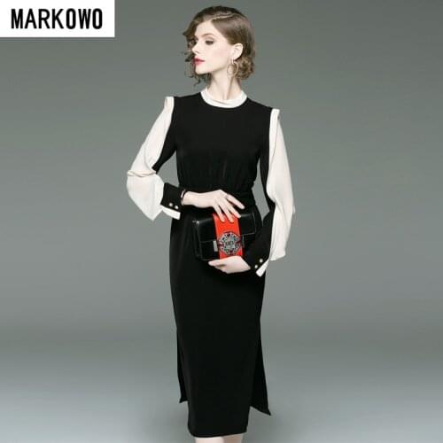MARKOWO Original designer 2020 new classic contrast color slim dress round neck long sleeve OL office long skirt
