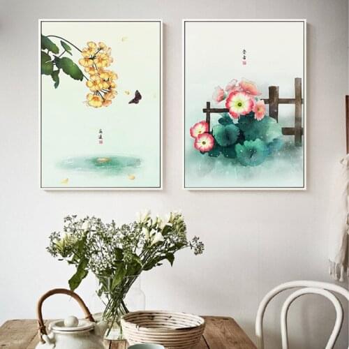 Chinese Style Posters Spring Green Leaf Blooming Flowers Wall Art Pictures For Living Room Girls Room Butterfly Home Decorative