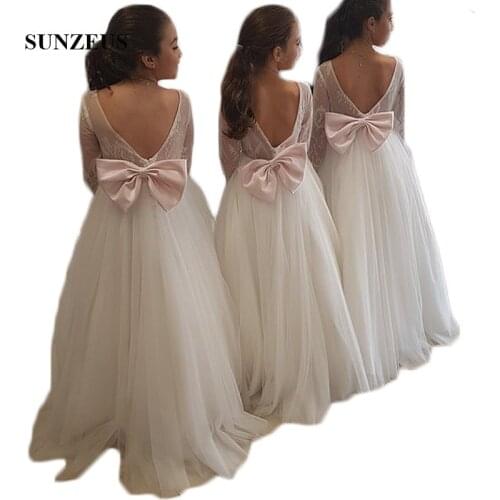 Backless A-Line Wedding Party Dress for Little Girls Lace Long Sleeve Flower Girls Charming Dresses Communion Dresses SF07