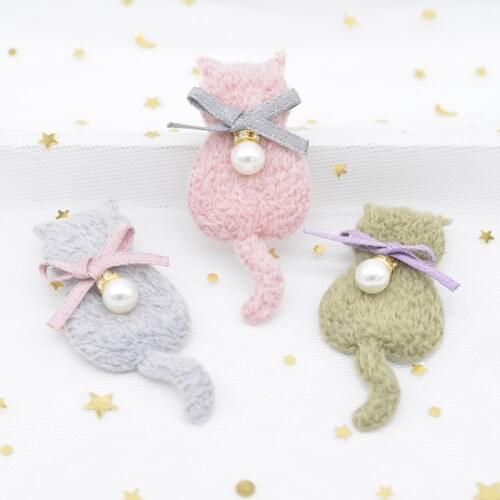 10Pcs Cute Plush Cat Padded with Pearl Pendant for Clothes Patch Fabric Sewing Craft Socks Gloves Shoes Decal Decoration H80