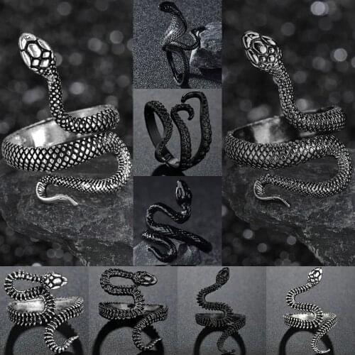 Snake Rings Black Silver Color Metal Punk Adjustable Animal Exaggerated Finger Ring for Women Men Open Size Party Jewelry Gift