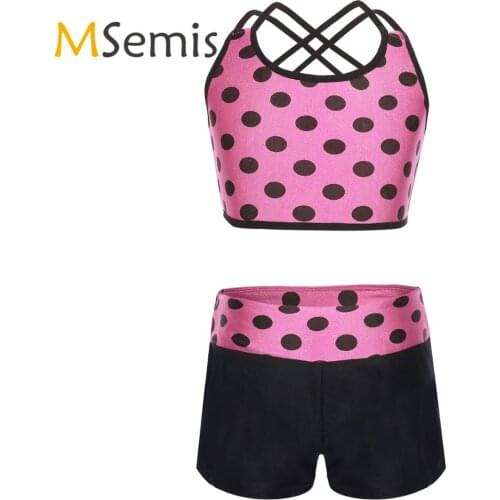Kids Girls Gymnatics Tankini Swimsuit for Dancing Ballet Leotard Dancewear Fitness Polka Dots Dance Tank Top with Bottoms