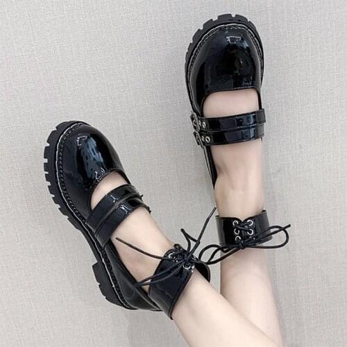 Lolita Shoes Double Buckle Platform Shoes Patent Leather Ankle Strap Thick Sole Girls Shoes Retro Lace Up Casual Shoes 8981N