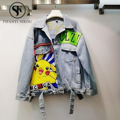Streetwear Women Denim Jacket 2020 New Fashion Sequin Long sleeve Cartoon Jeans Coat Loose Jackets Embroidery Jeans Jacket Women