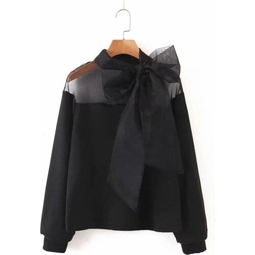Spring Autumn Womens Fashion Slim Semi-Perspective Top Net Yarn Stitching Top Bow Neckline