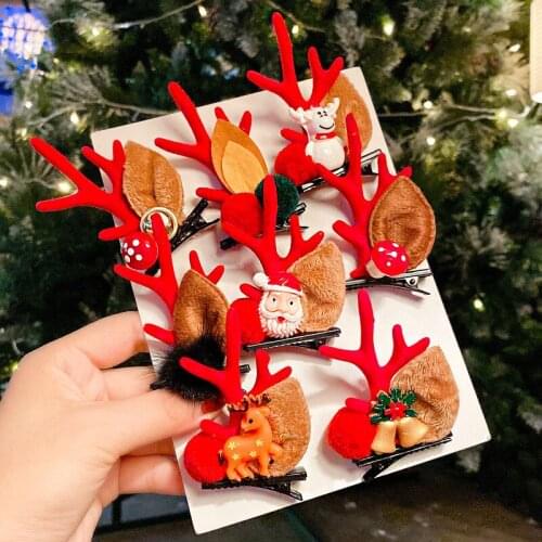 2pcs/set Christmas Hair Clips Korea Fashion XMAS Cute Deer Hairbands Antlers Mushroom Fur Ball Girls Women Hair Accessories