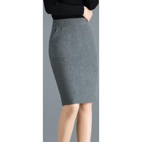Woman High Waist Wool Pencil Skirt Women Spring Autumn Formal Bodycon Skirts Knee Length Work Wear Solid Black Grey Saias Jupe