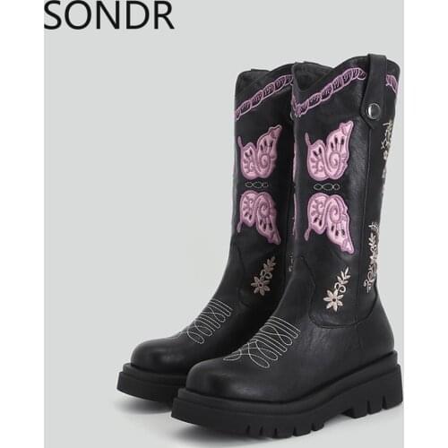 Womens Round Toe Embroidery Butterfly Mid Calf Boots Chelsea Platform Chunky Heel Shoes Pull On Big Plus Size NEW