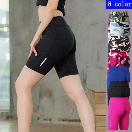 Women High Waist Out Pocket Yoga Shorts Gym Solid Elastic Fitness Training Workout Legging Female Quick Drying Sport Leggings