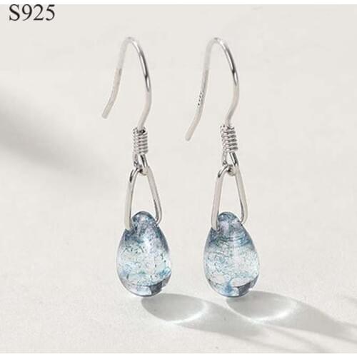 Genuine Real Pure Solid 925 Sterling Silver Long Dangle Drop Earrings Women Waterdrop Blue Glass Crystal Ball Fine Jewelry Gift