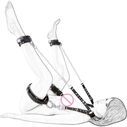 CamaTech Open Leg Bondage Restraint PU Leather Neck Collar To Hand Ankle Cuffs Metal Thigh Sling Spreader Fetish BDSM Adult Game