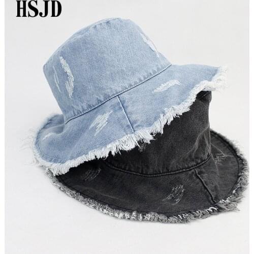 2018 Summer Washed Denim Wide Brim Foldable Sun Hat Men Women Tassel Floppy Cap Anti-UV Beach Bucket Hats Female Hiking Cap
