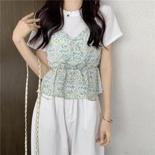 #4055 Green Blue Pink Yellow Womens Round Neck Floral Print Short Sleeve Top Fake Two Pieces Ruffles Chiffon Blouse Vintage